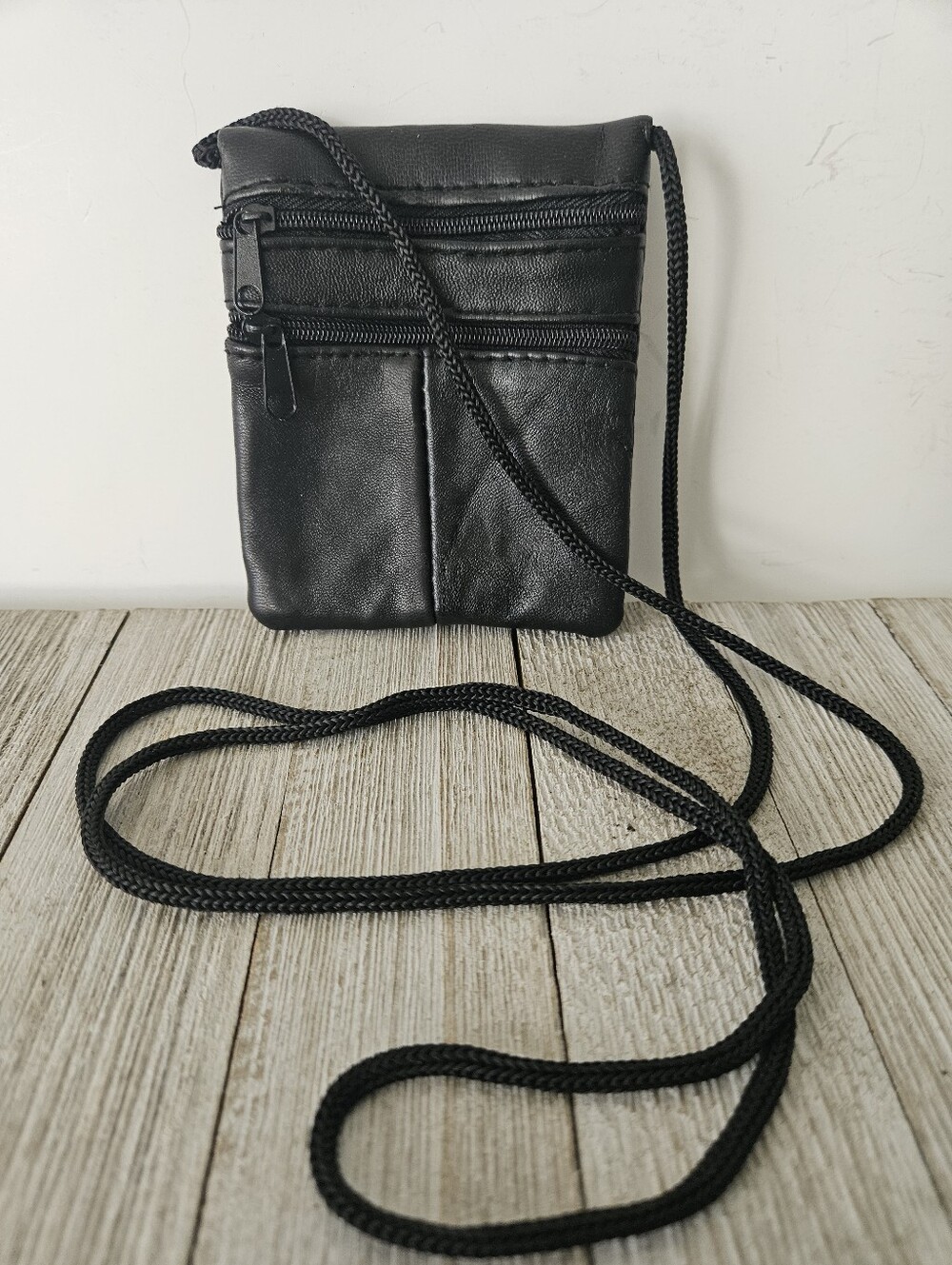 Black Vinyl Mini Crossbody Pouch Bag with Strap and Zippered Pockets ID Holder